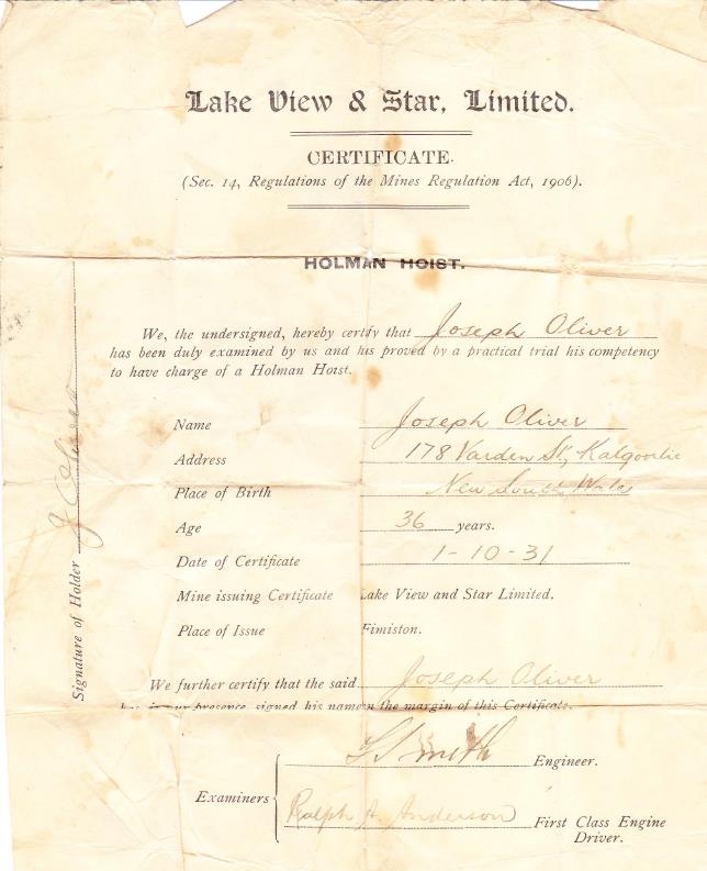 Joseph's Holman Hoist Certificate Lake View and Star